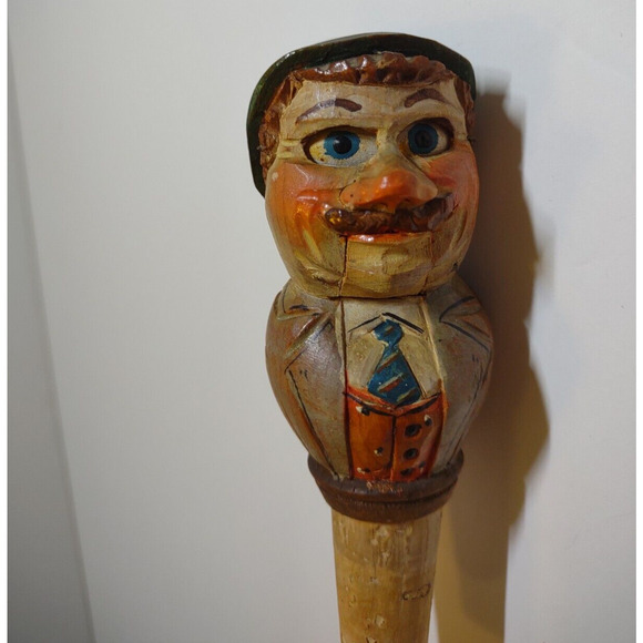 Vintage Bottle Stopper, Wine Cork, ANRI Mechanical Alpine  ANRI Mechanical Alpine Man Bottle Stopper Wood Hand Carved Puppet Barware Cork